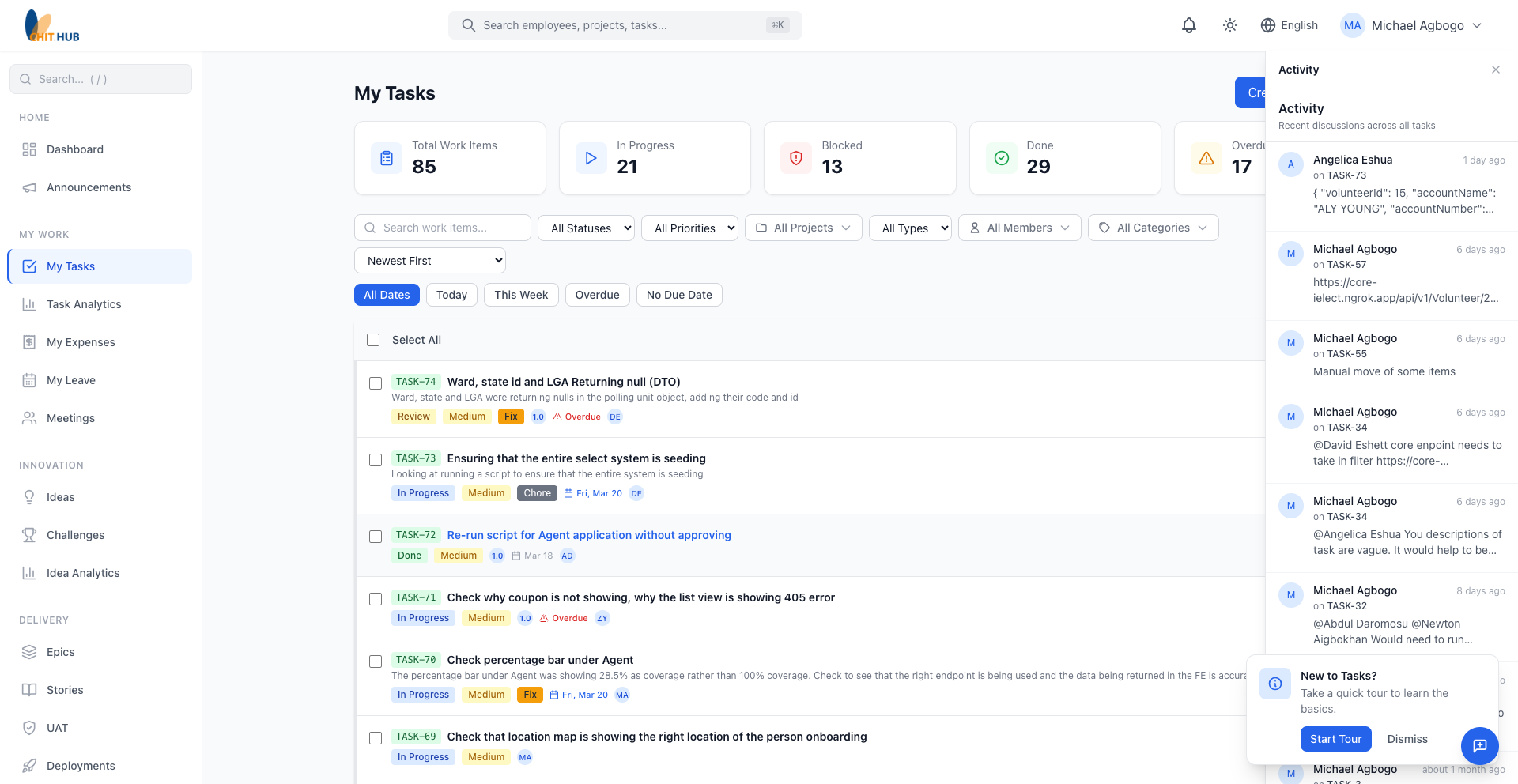 EmuDee task management showing Kanban board view with drag-and-drop cards